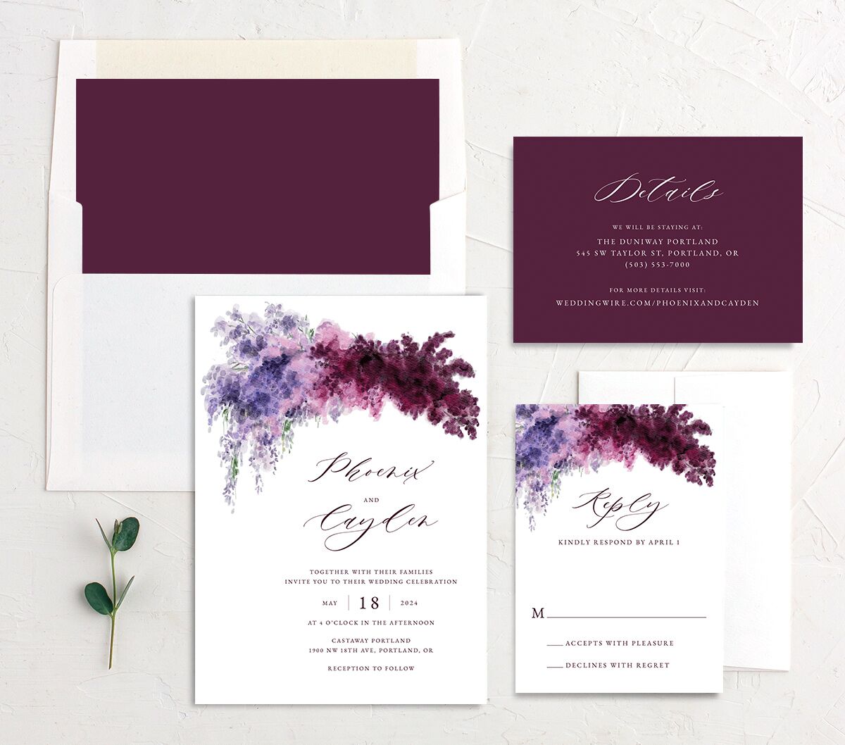 Ethereal Blooms Wedding Invitations suite in Jewel Purple