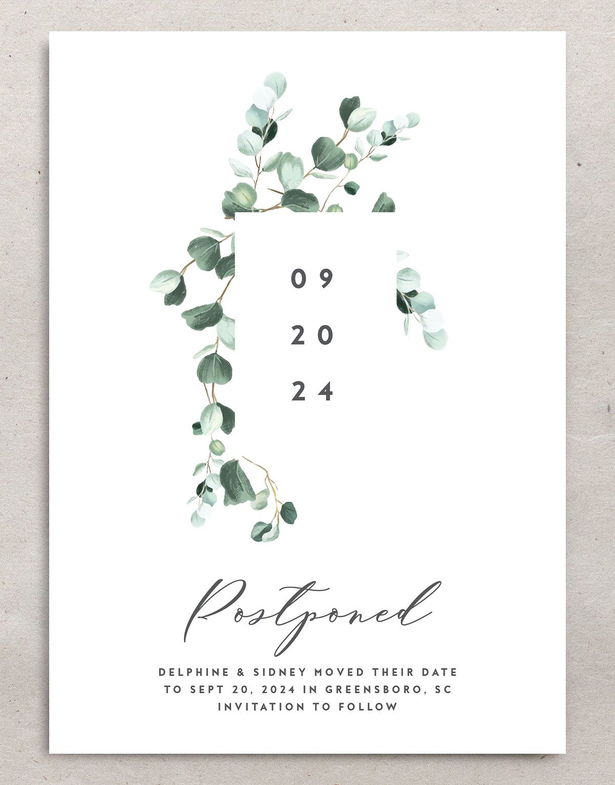 Eucalyptus Sprig Change the Date Cards front in Pure White