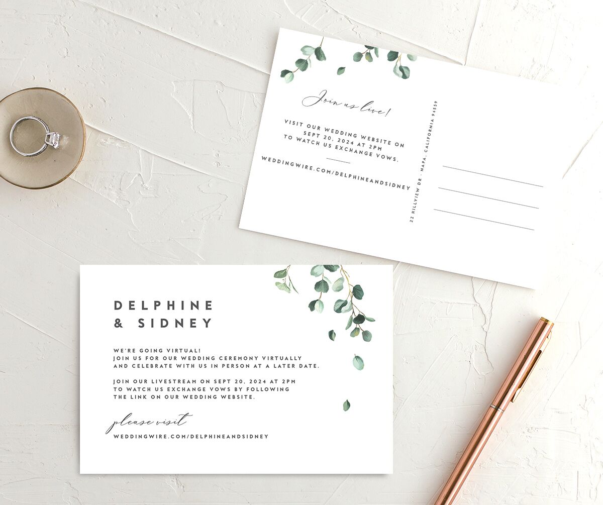 Eucalyptus Sprig Change the Date Postcards front-and-back in Pure White