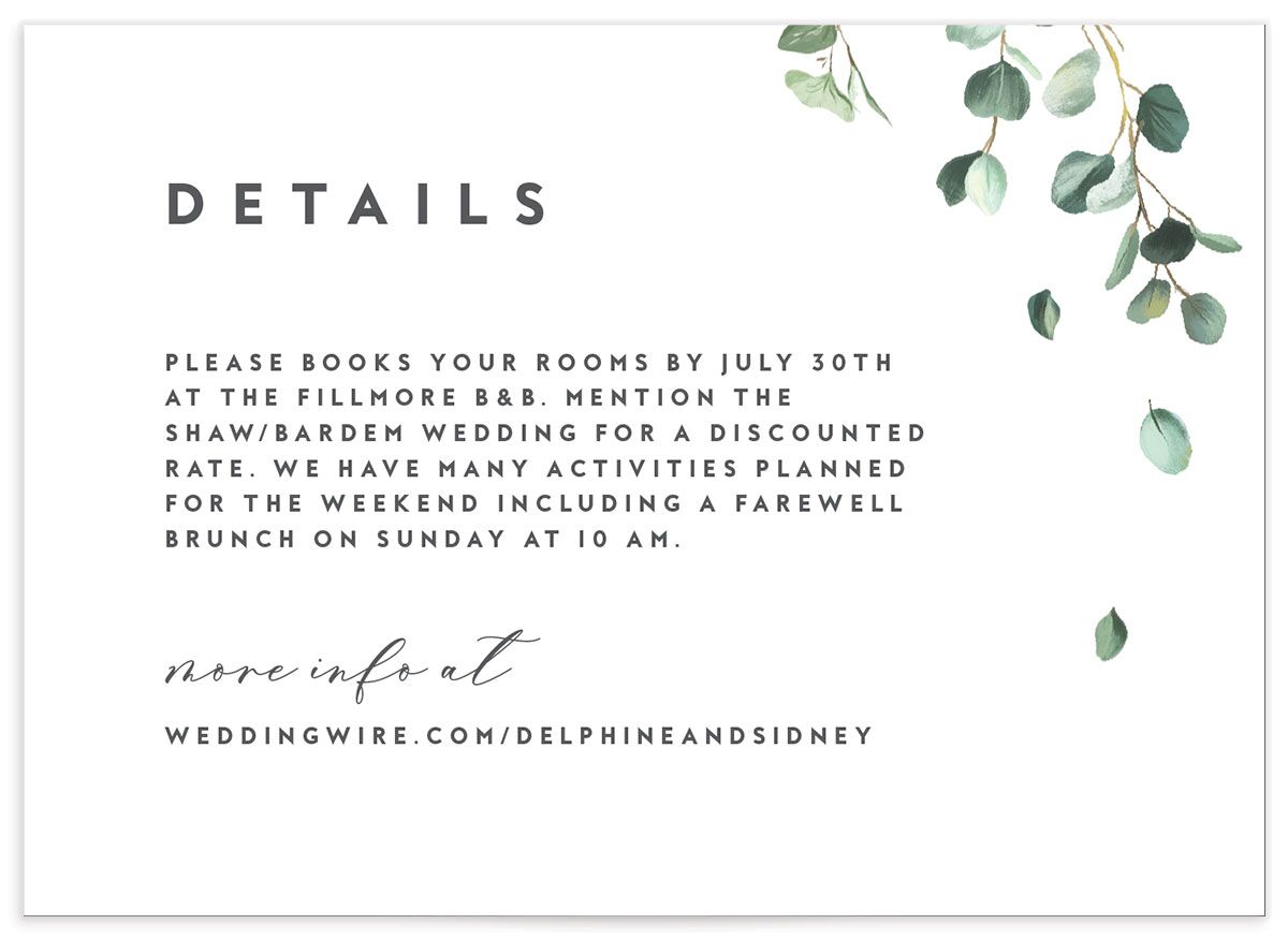 Eucalyptus Sprig Wedding Enclosure Cards front in Pure White