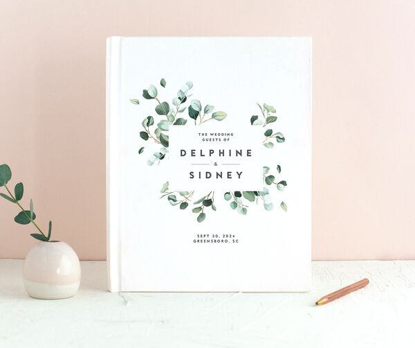 Eucalyptus Sprig Wedding Guest Book front in Pure White