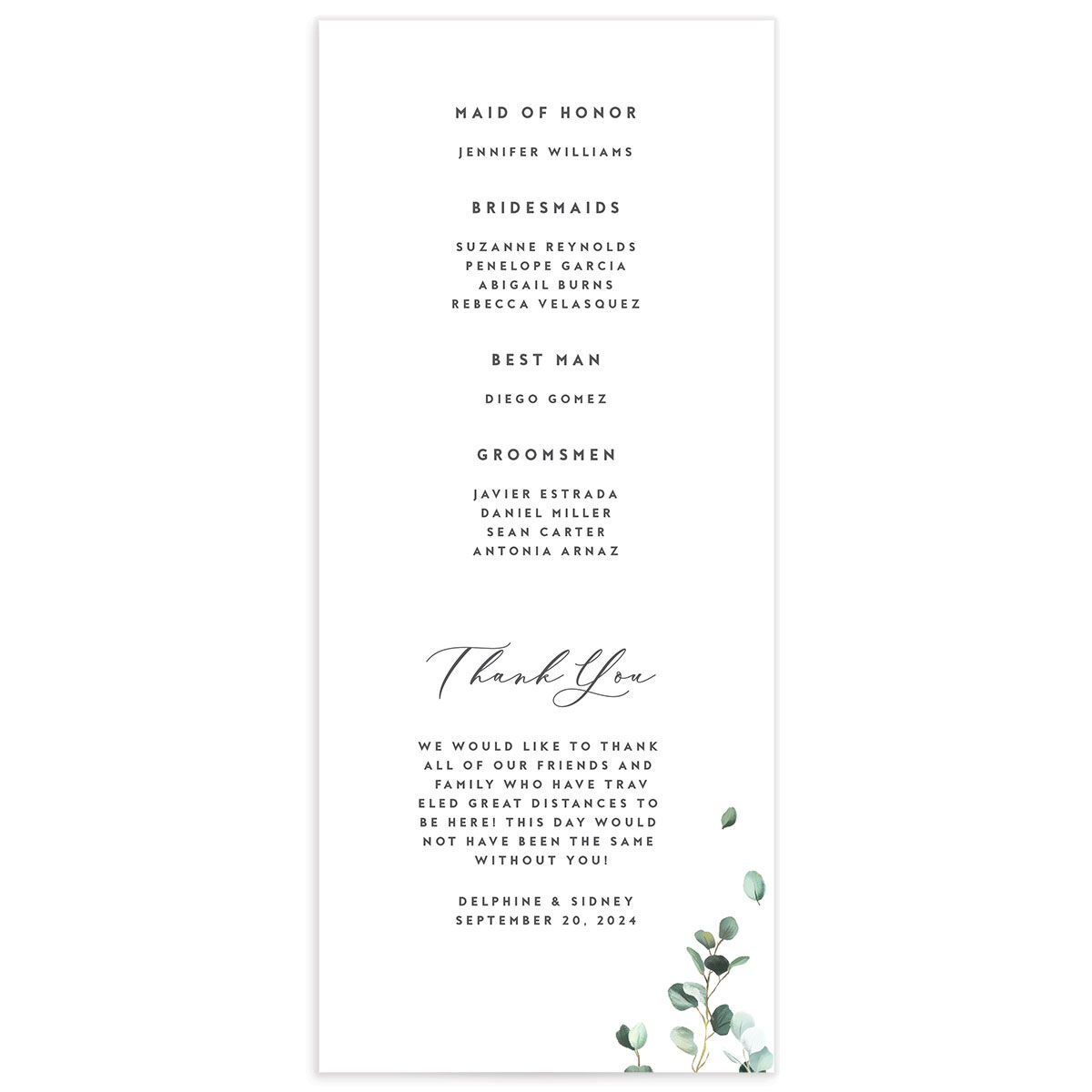 Eucalyptus Sprig Wedding Programs back in Pure White