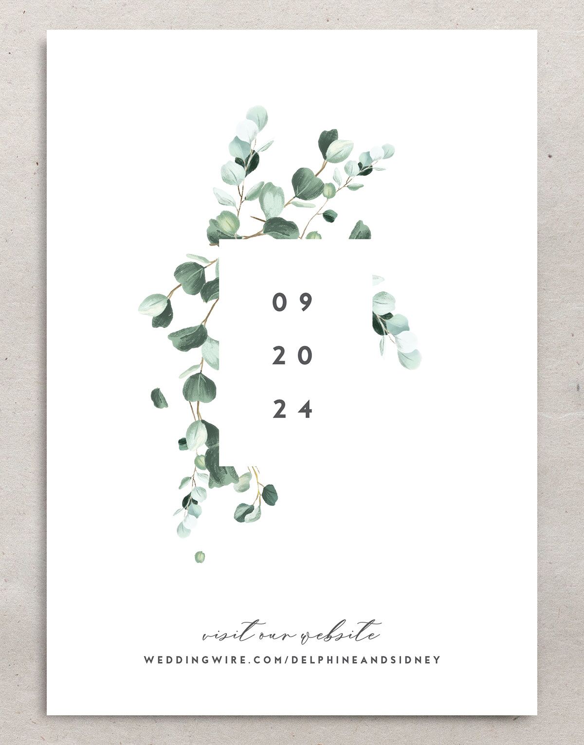 Eucalyptus Sprig Save the Date Cards back in Pure White