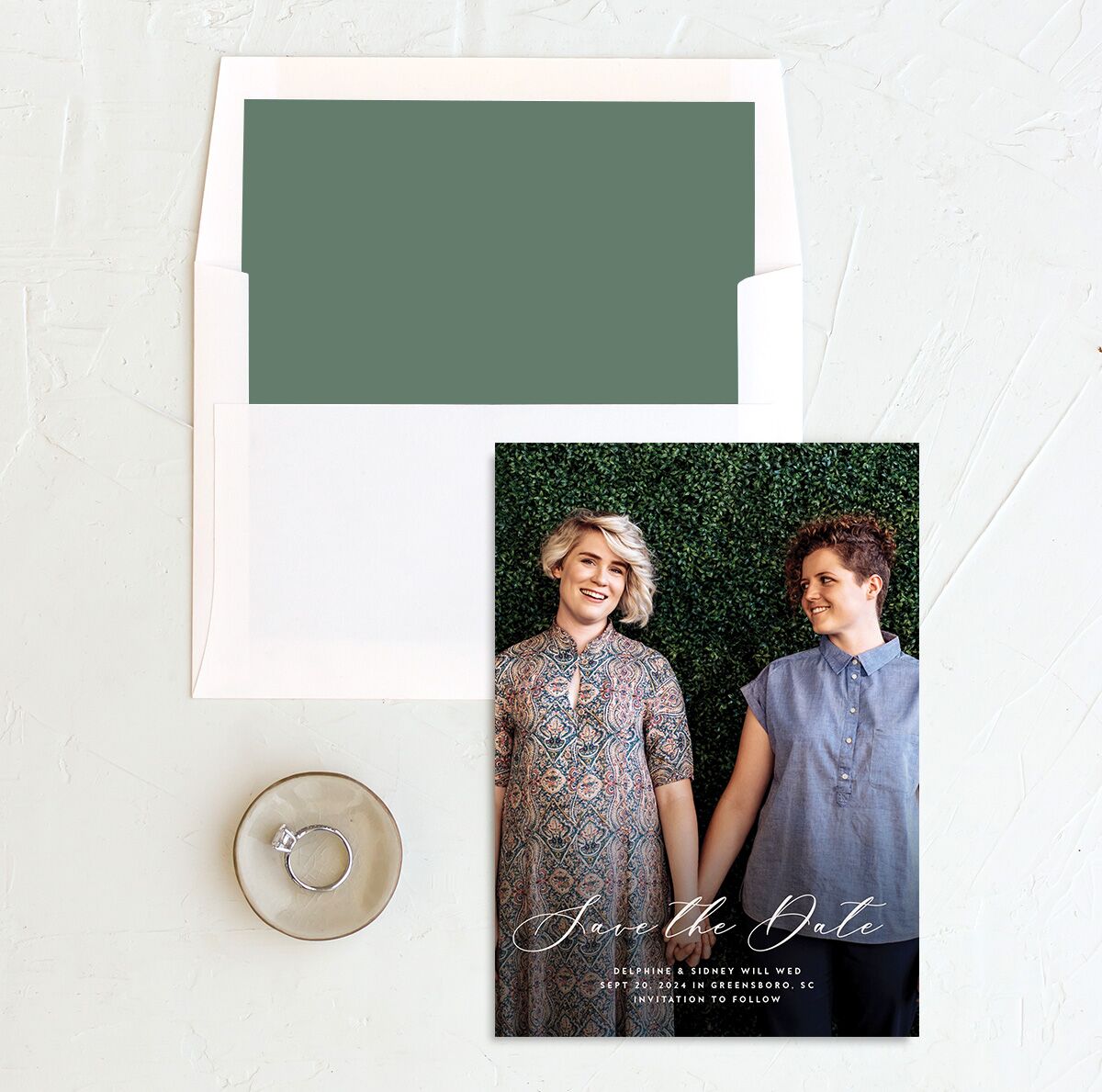 Eucalyptus Sprig Save the Date Cards envelope-and-liner in Pure White
