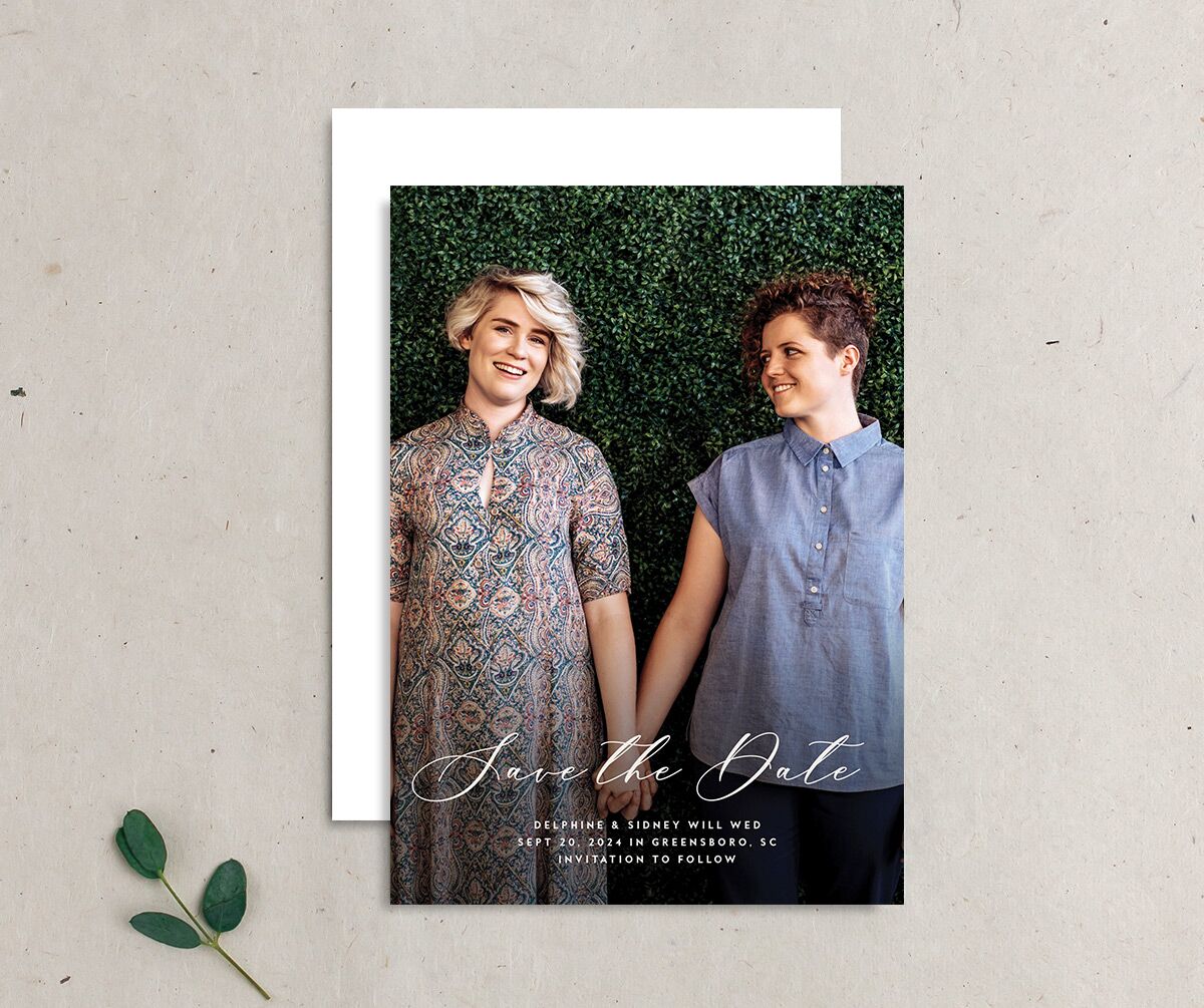 Eucalyptus Sprig Save the Date Cards front-and-back in Pure White