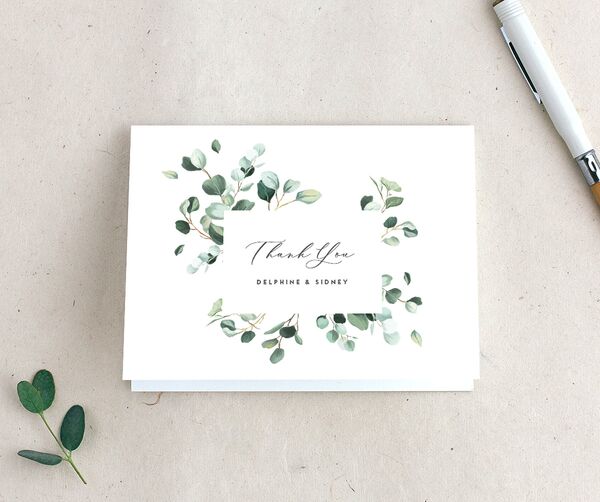 Eucalyptus Sprig Thank You Cards front in Pure White