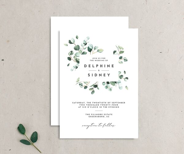 Eucalyptus Sprig Wedding Invitations front-and-back in Pure White