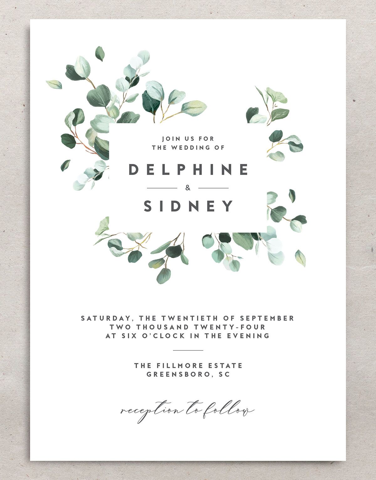Eucalyptus Sprig Wedding Invitations front in Pure White