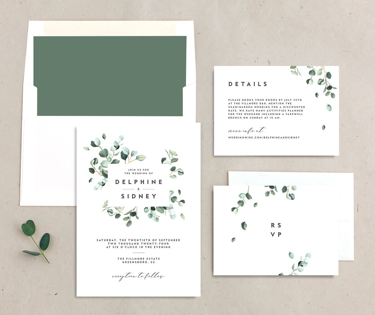 Eucalyptus Sprig Wedding Invitations suite in Pure White