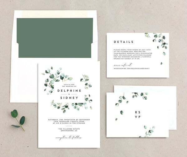 Eucalyptus Sprig Wedding Invitations suite in Pure White