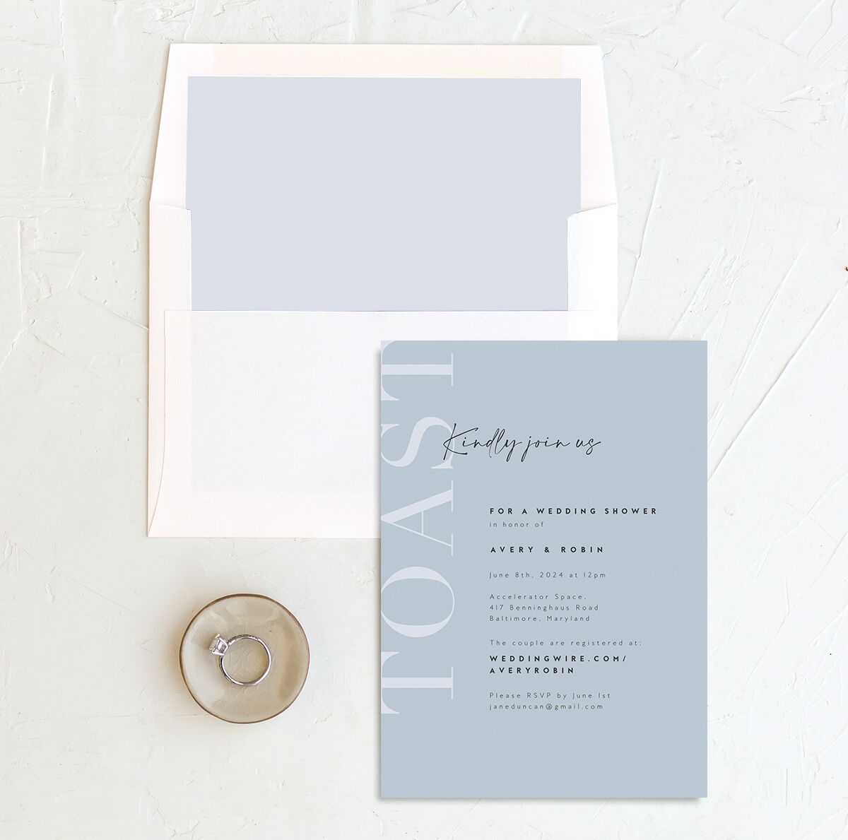 Elegant Contrast Bridal Shower Invitations envelope-and-liner in French Blue