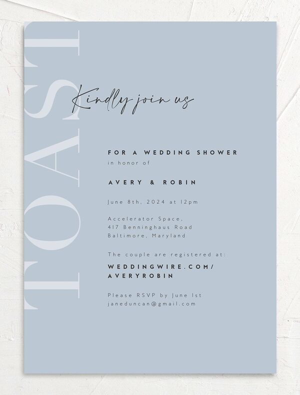 Elegant Contrast Bridal Shower Invitations front in French Blue