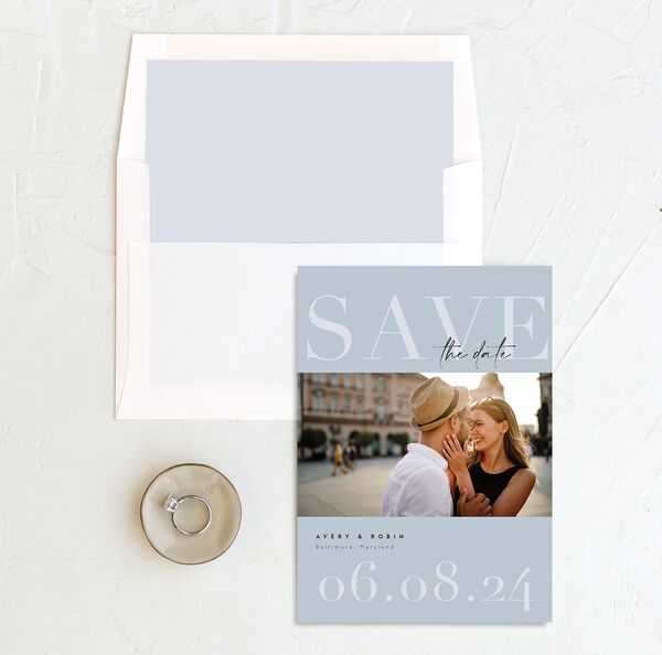 Elegant Contrast Save the Date Cards envelope-and-liner in French Blue