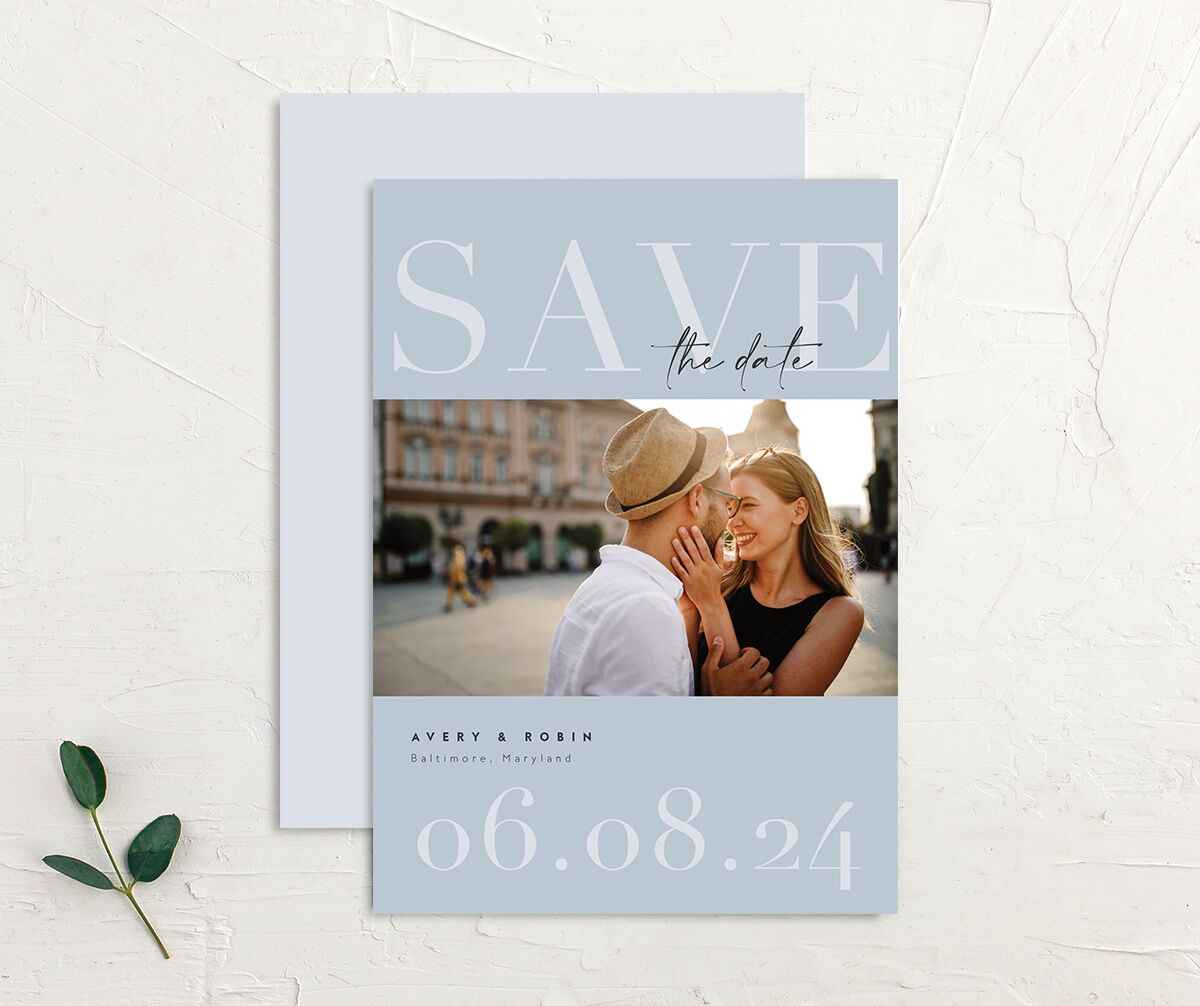 Elegant Contrast Save the Date Cards front-and-back in French Blue