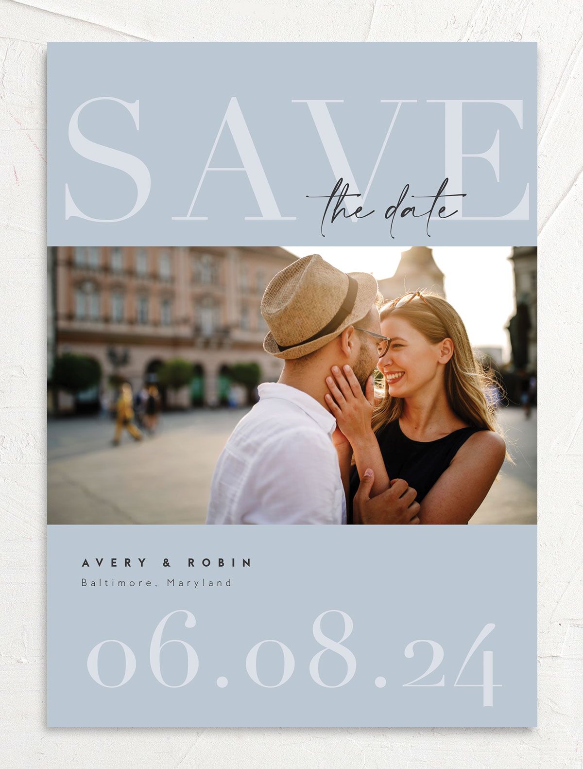 Elegant Contrast Save the Date Cards front in French Blue