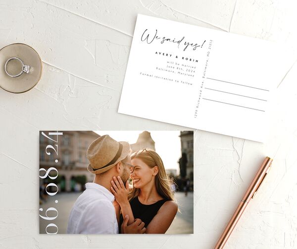 Elegant Contrast Save the Date Postcards front-and-back in French Blue