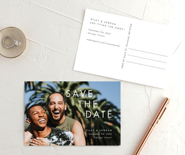 Pearlescent Finish Save the Date Postcards front-and-back in Cream