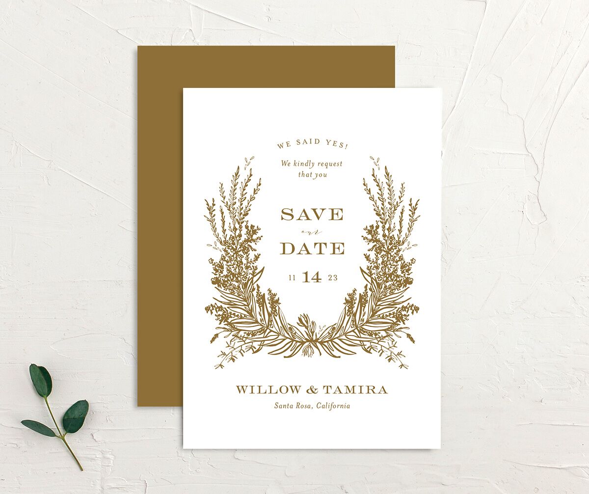 Graceful Laurel Save the Date Cards front-and-back in Dijon