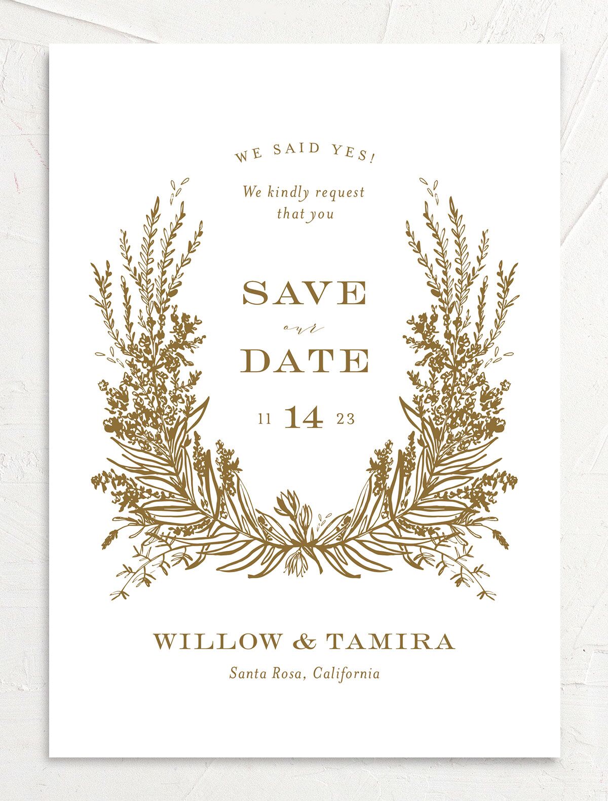 Graceful Laurel Save the Date Cards front in Dijon