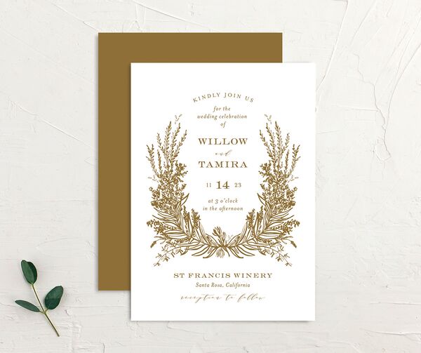 Graceful Laurel Wedding Invitations front-and-back in Gold