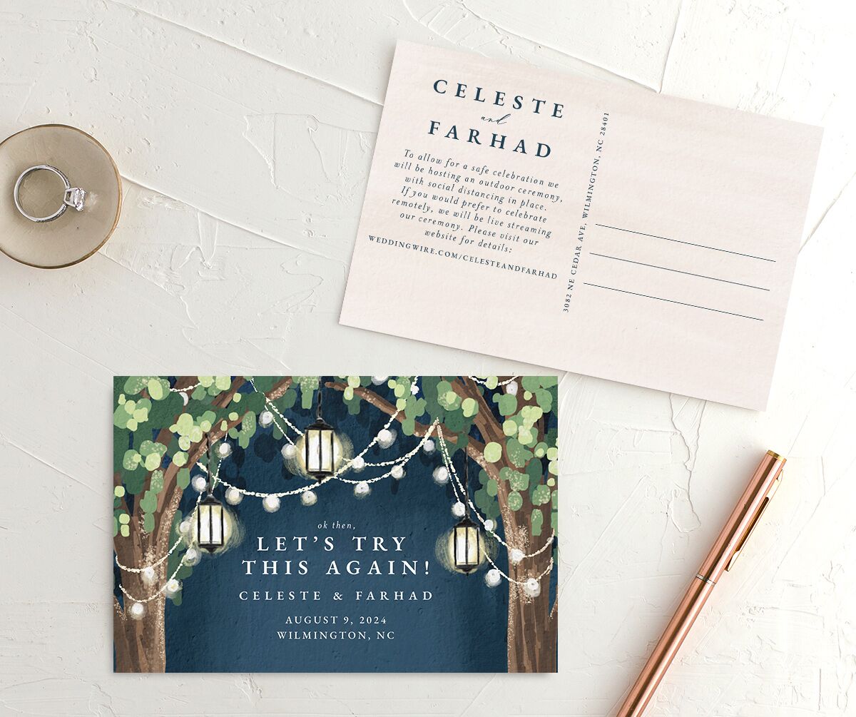 Garden Lights Change the Date Postcards front-and-back in French Blue