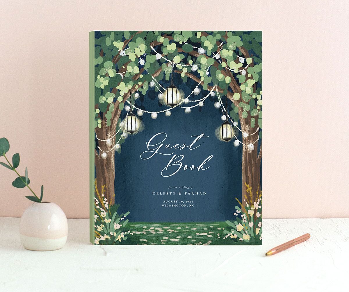 Garden Lights Wedding Guest Book front in French Blue