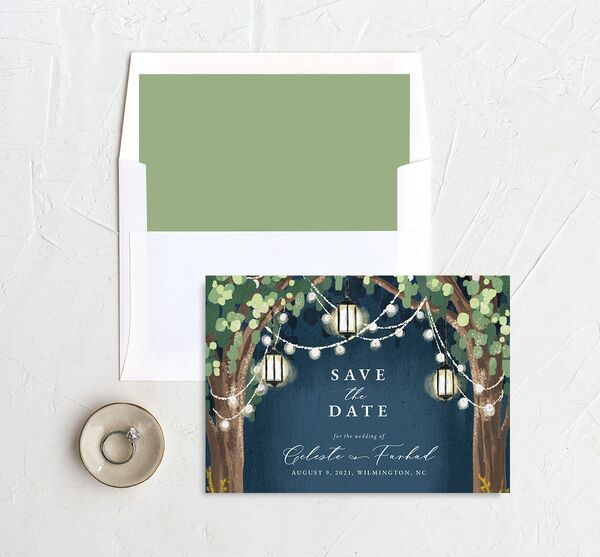 Garden Lights Save the Date Cards envelope-and-liner in French Blue