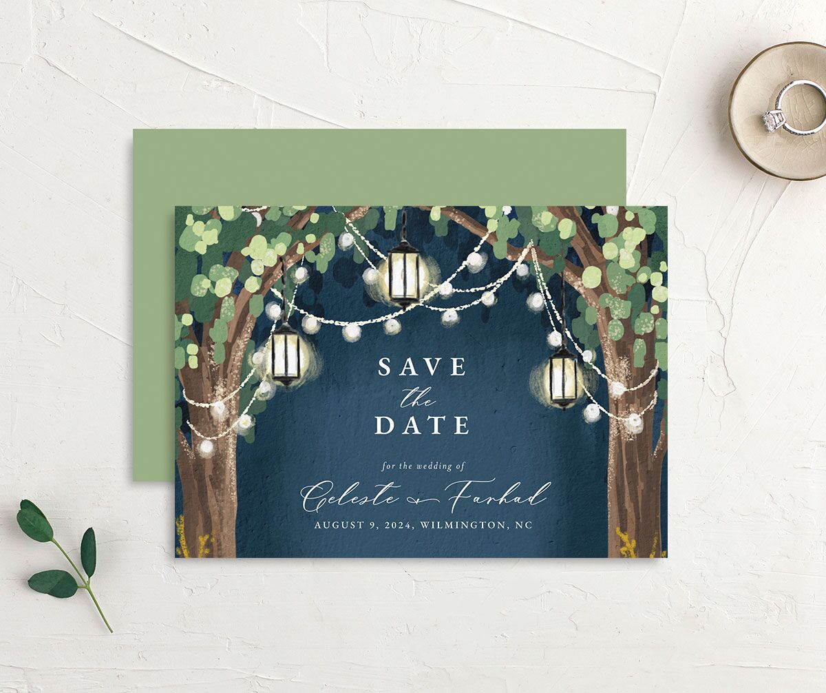 Garden Lights Save the Date Cards front-and-back in French Blue