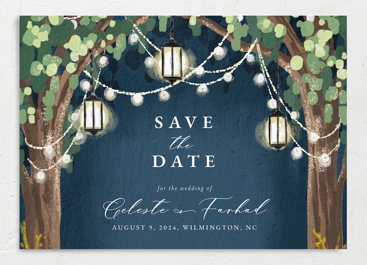 Garden Lights Save the Date Cards front in French Blue