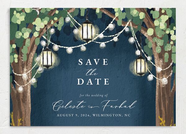 Garden Lights Save the Date Cards front in French Blue