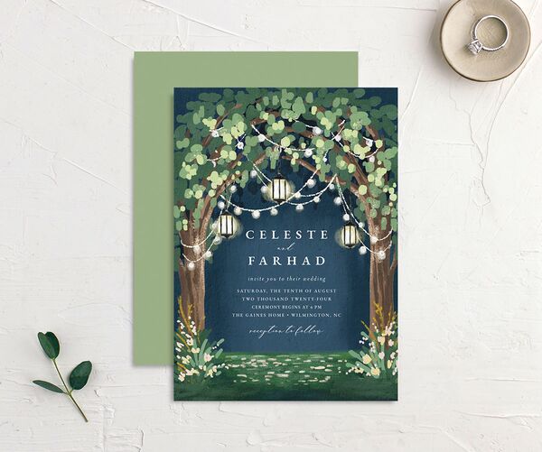 Garden Lights Wedding Invitations front-and-back in French Blue