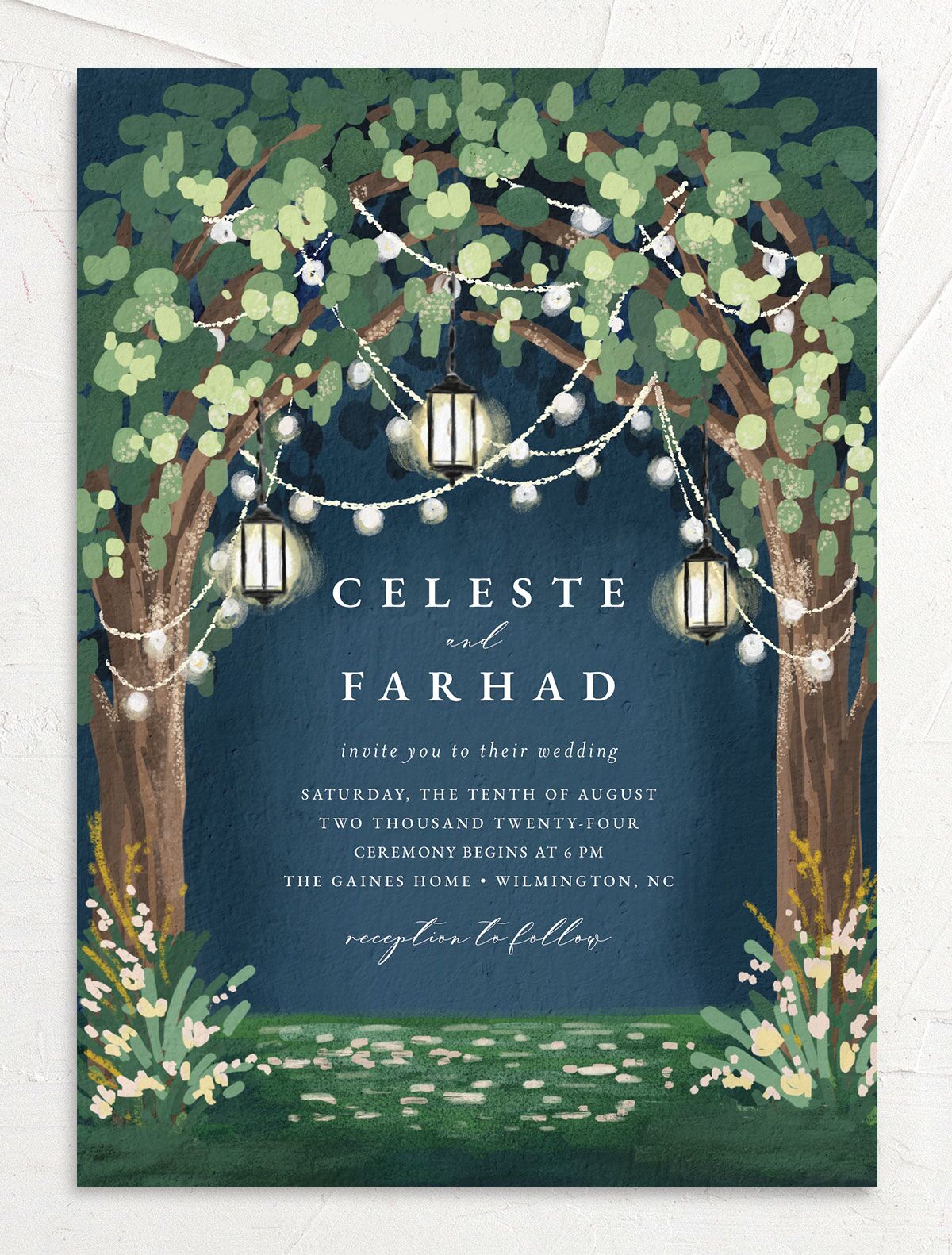 Garden Lights Wedding Invitations front in French Blue