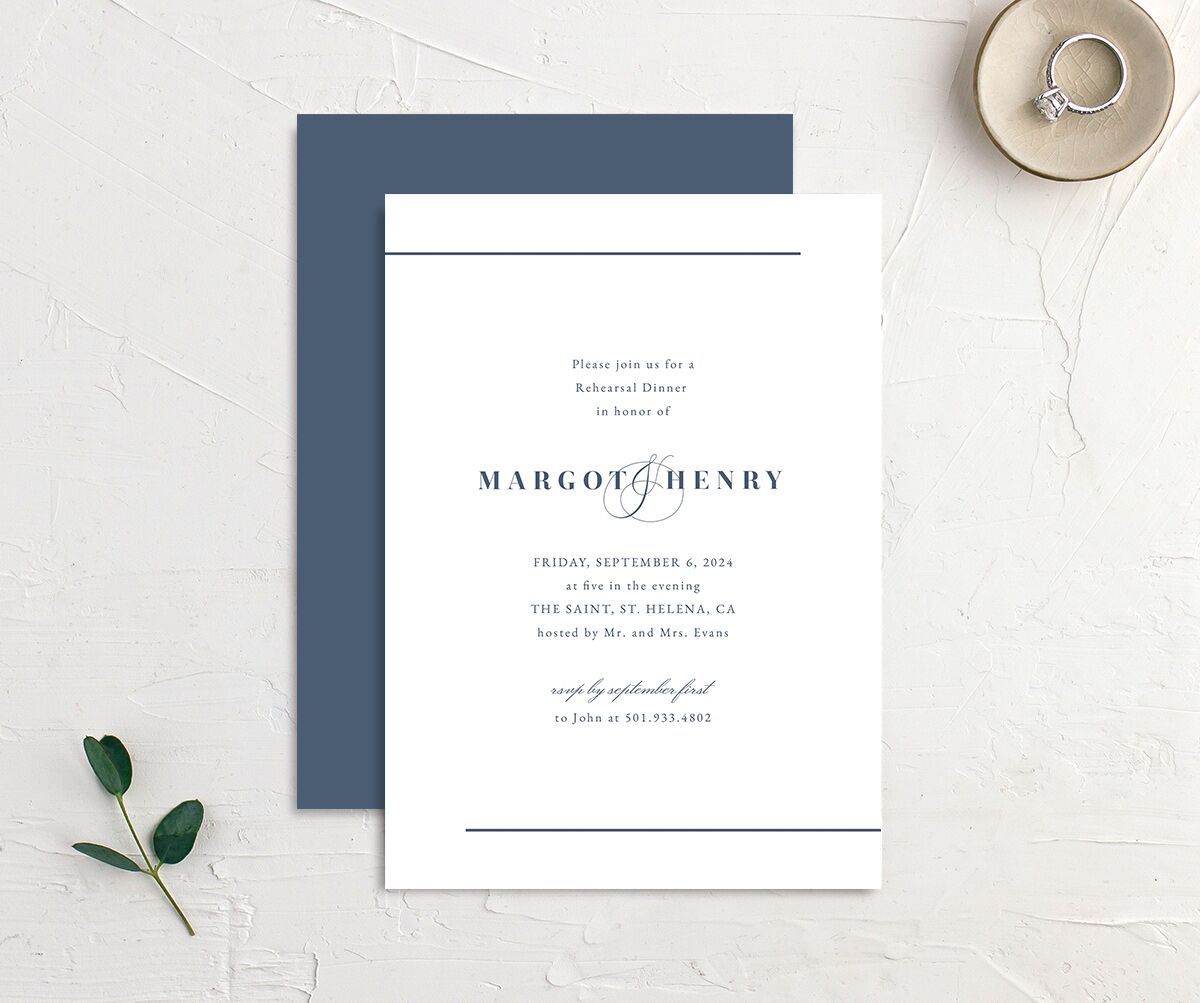 Refined Initials Rehearsal Dinner Invitations front-and-back in French Blue