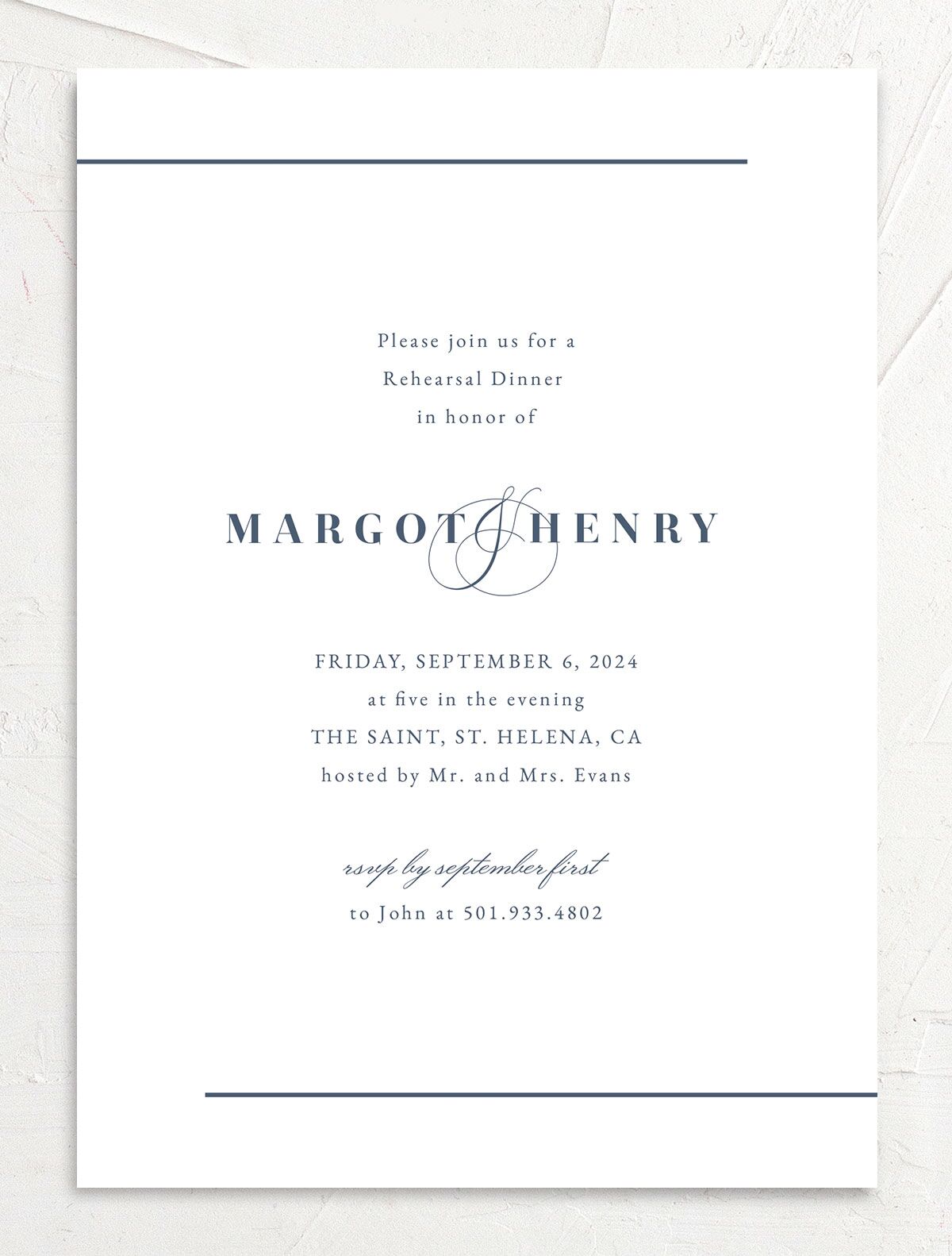 Refined Initials Rehearsal Dinner Invitations front in French Blue