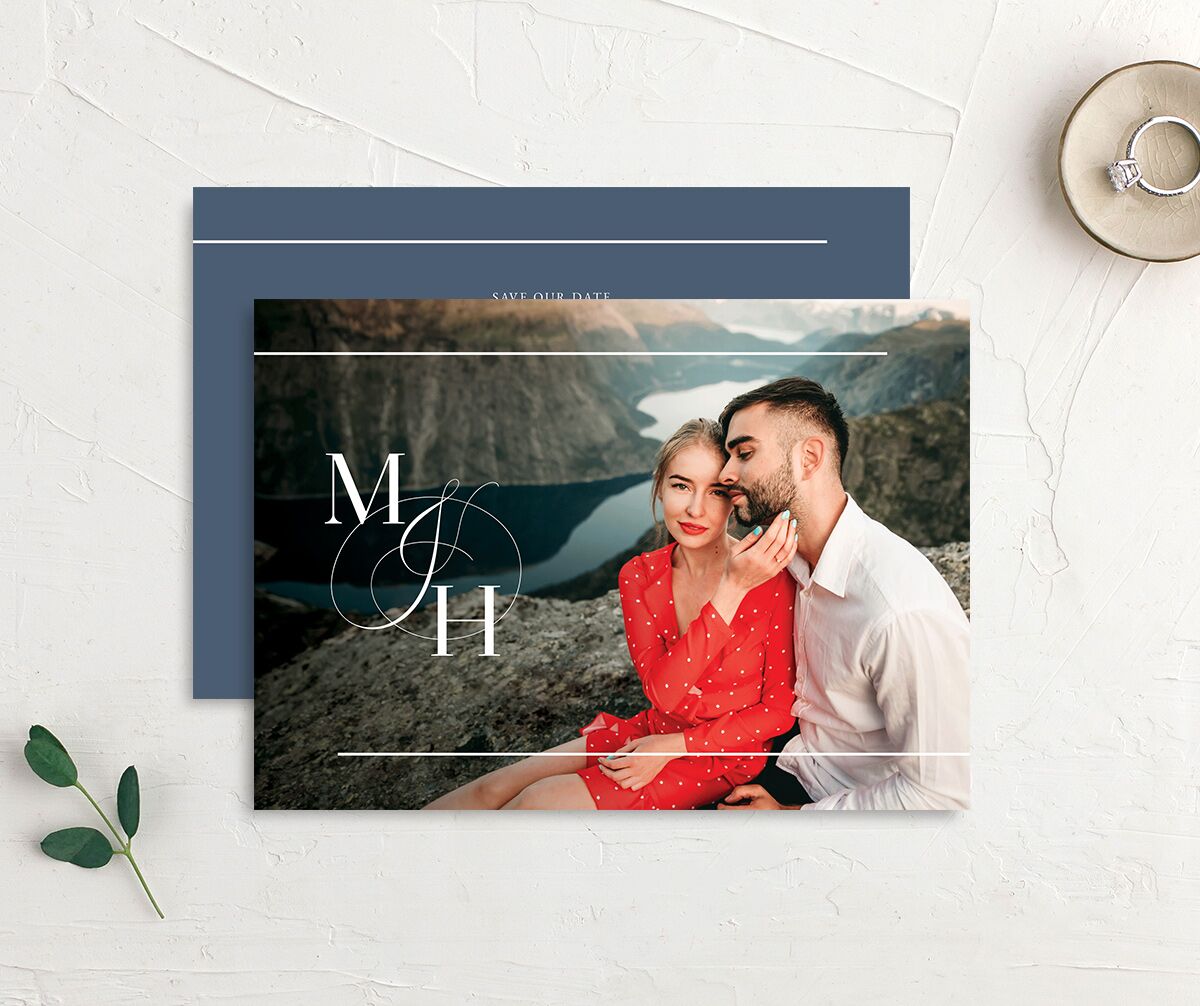 Refined Initials Save the Date Cards front-and-back in French Blue