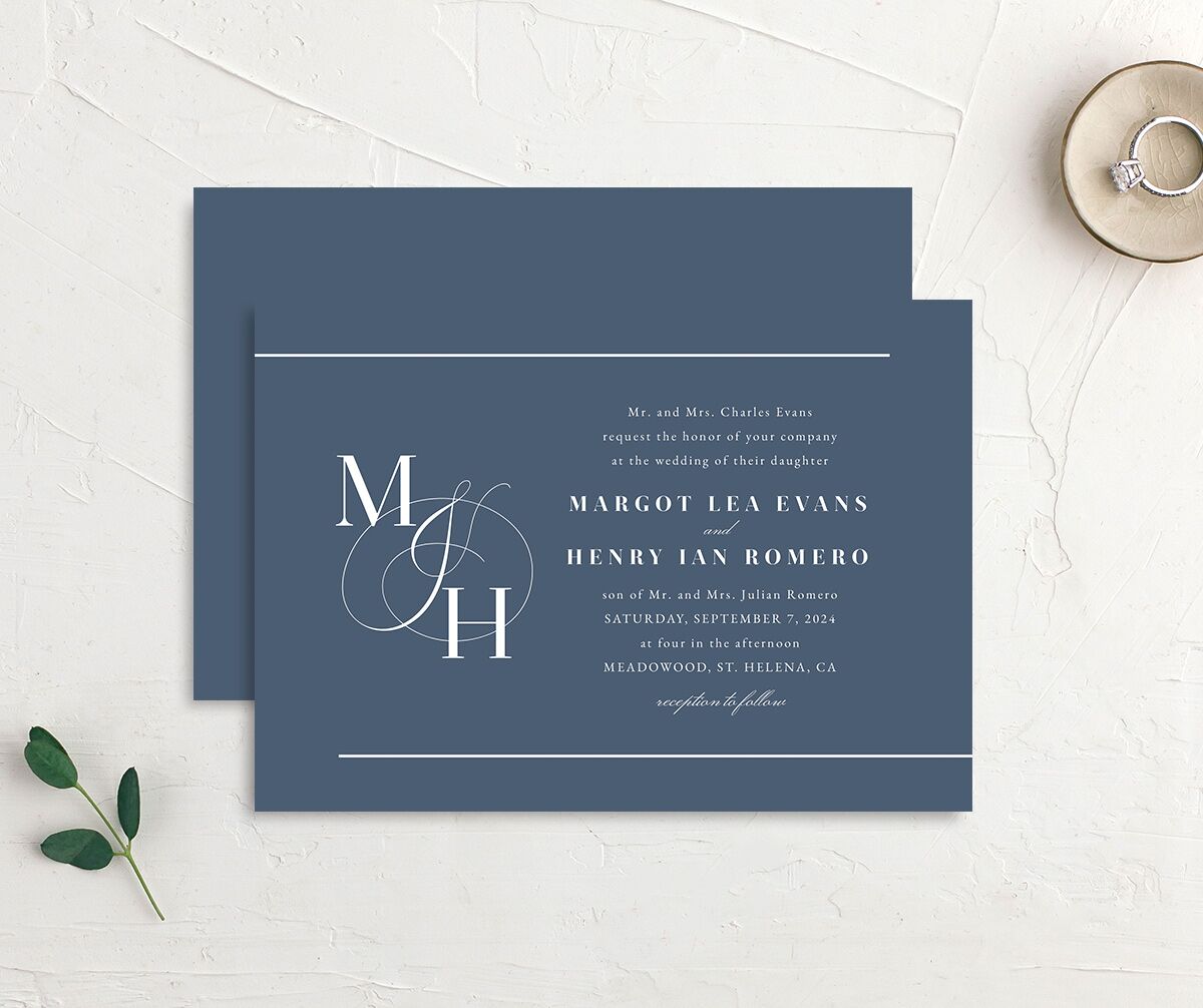 Refined Initials Wedding Invitations front-and-back in French Blue