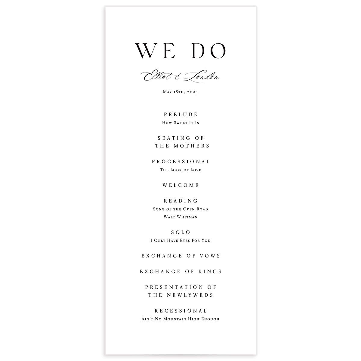 Noble Typography Wedding Programs front in Pure White