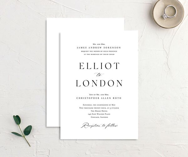 Noble Typography Wedding Invitations front-and-back in Pure White