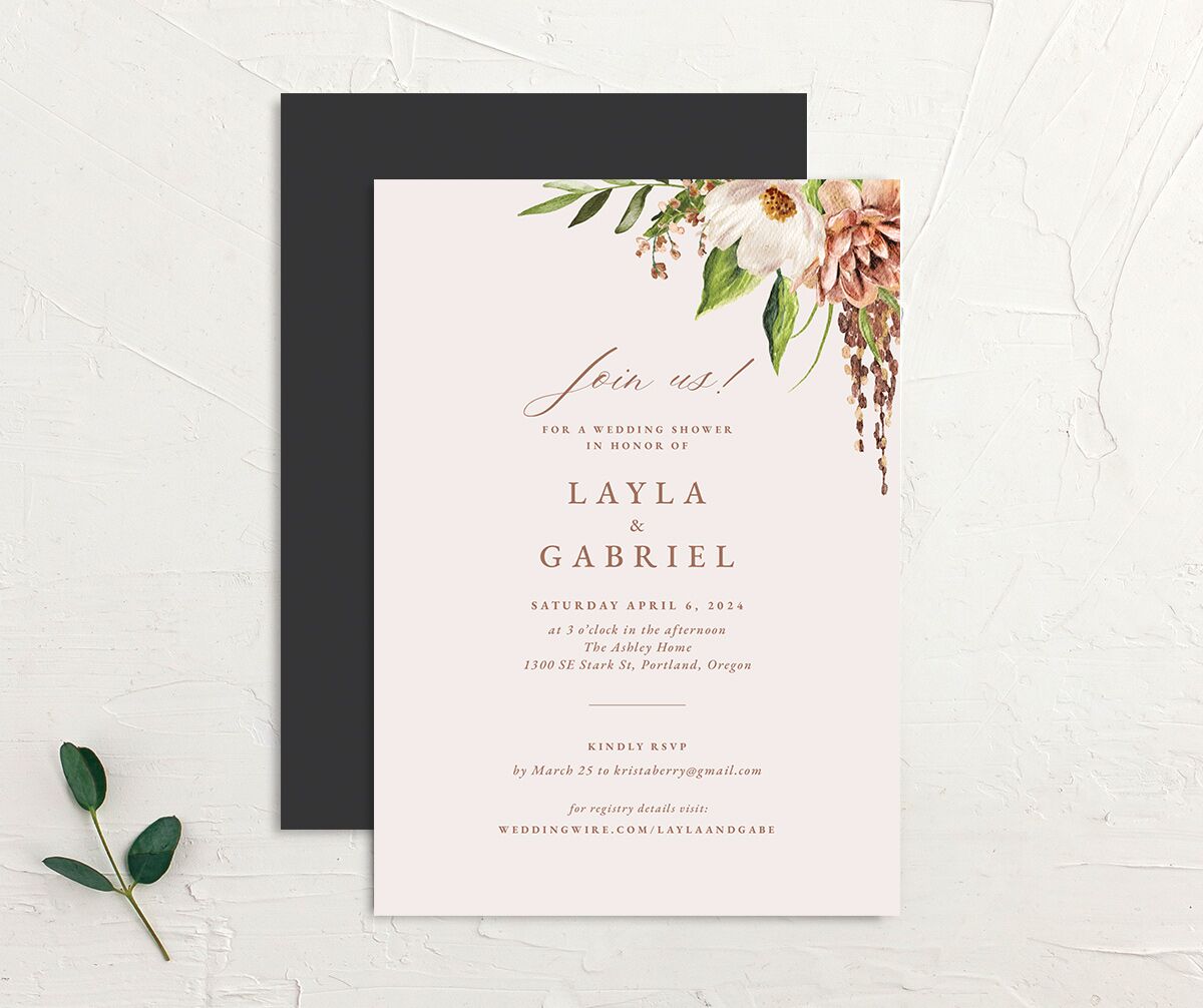 Painted Blossoms Bridal Shower Invitations front-and-back in Black