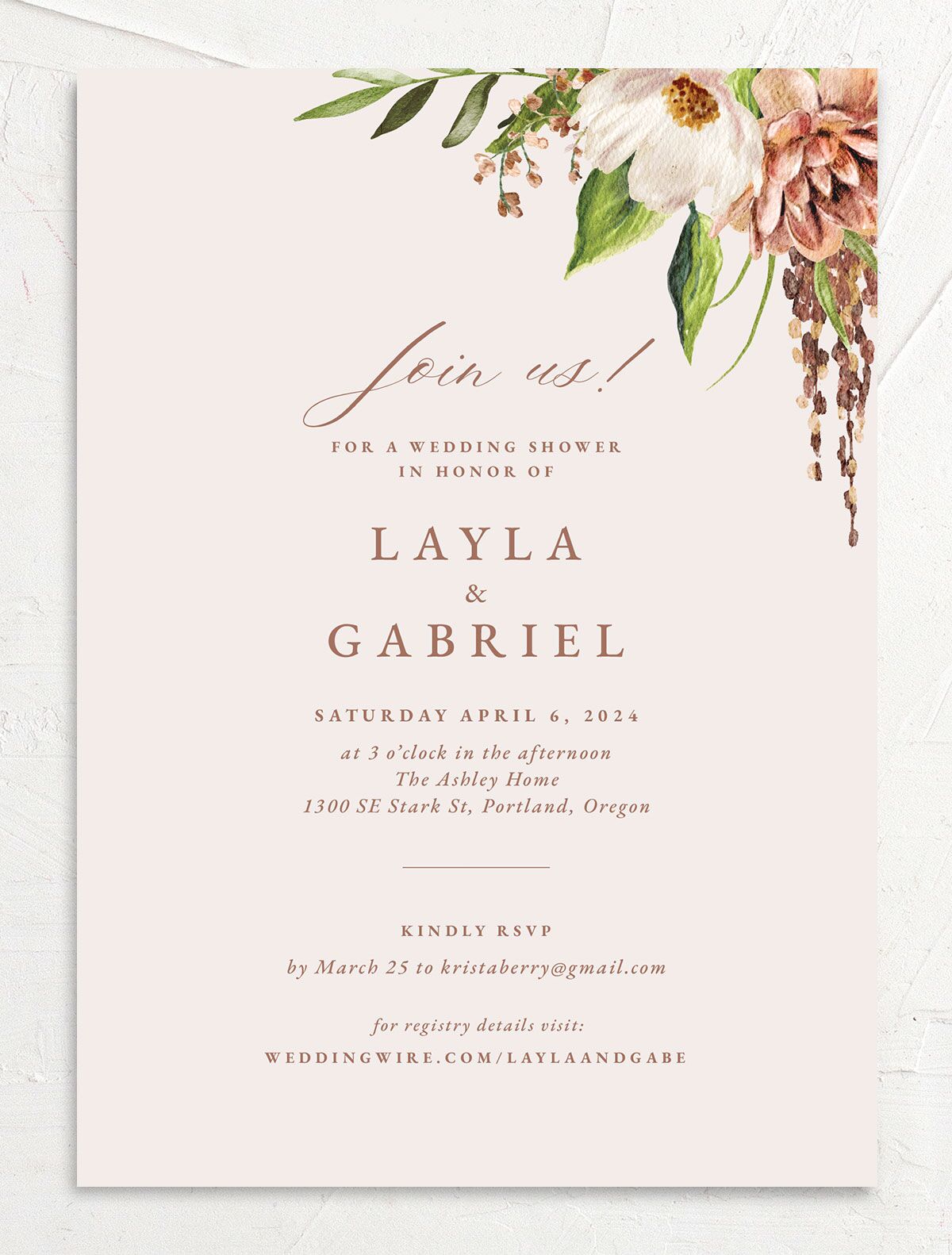 Painted Blossoms Bridal Shower Invitations front in Black