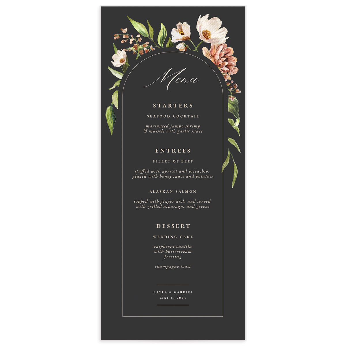 Painted Blossoms Menus front in Midnight