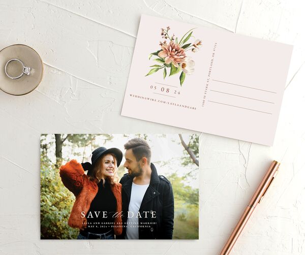 Painted Blossoms Save the Date Postcards front-and-back in Midnight