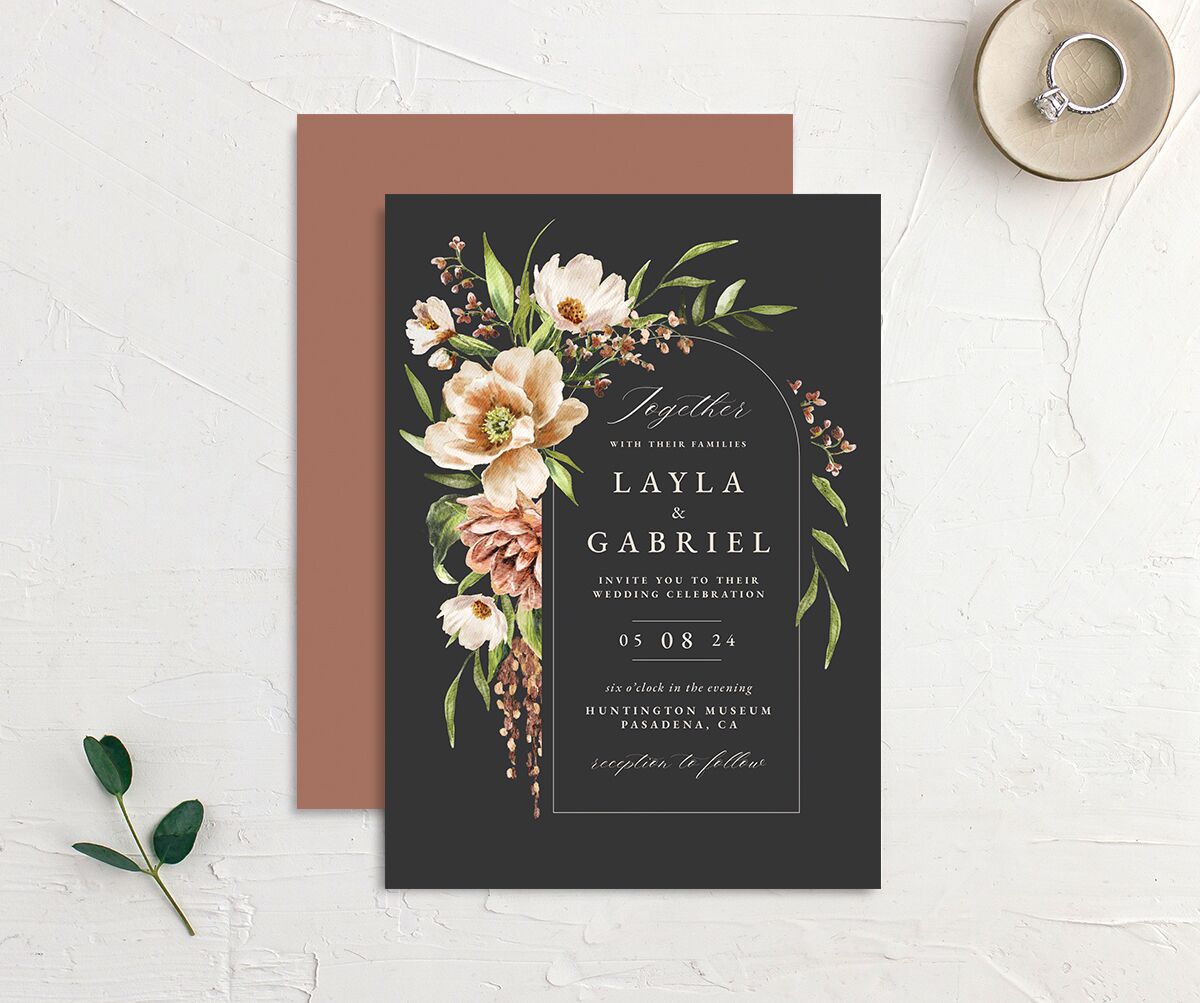 Painted Blossoms Wedding Invitations front-and-back in Midnight