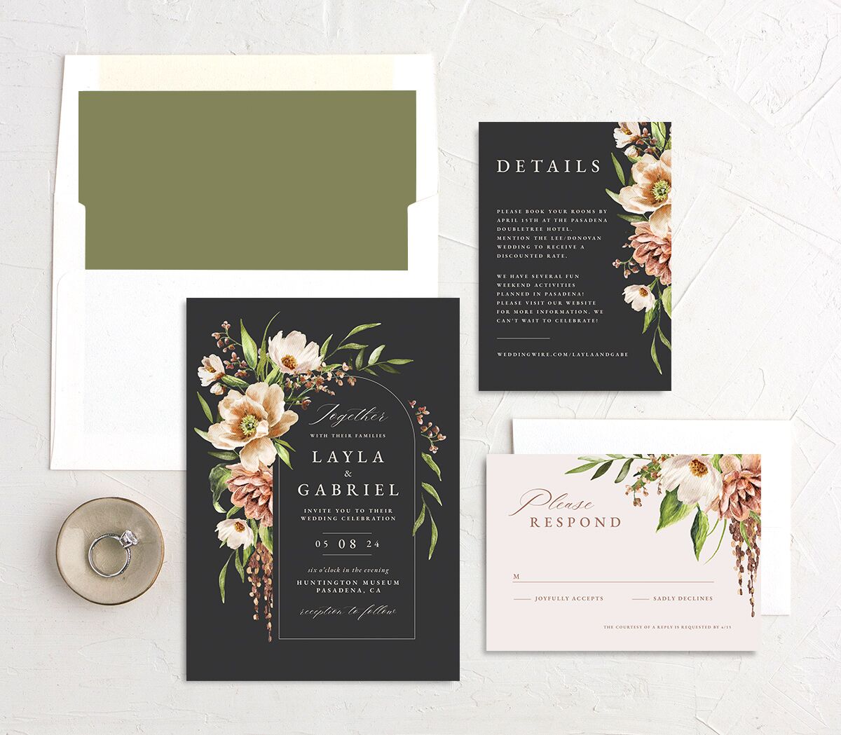 Painted Blossoms Wedding Invitations suite in Midnight
