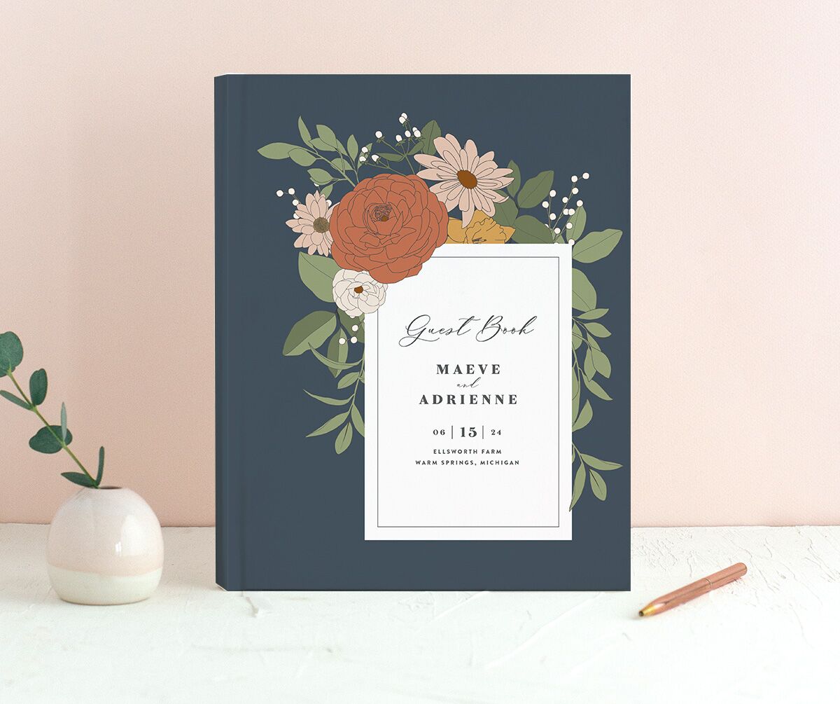 Nouveau Floral Wedding Guest Book front in French Blue