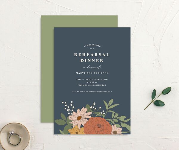Nouveau Floral Rehearsal Dinner Invitations front-and-back in French Blue