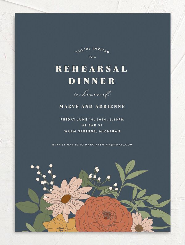 Nouveau Floral Rehearsal Dinner Invitations front in French Blue