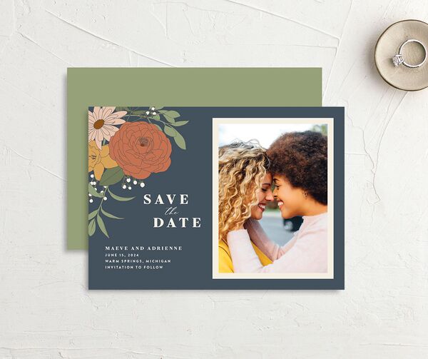 Nouveau Floral Save the Date Cards front-and-back in French Blue