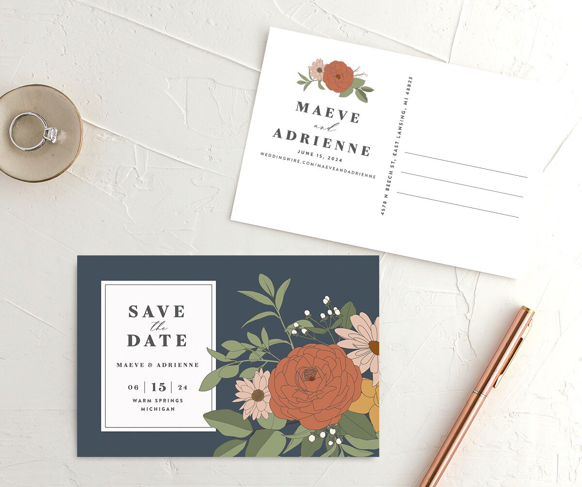 Nouveau Floral Save the Date Postcards front-and-back in French Blue