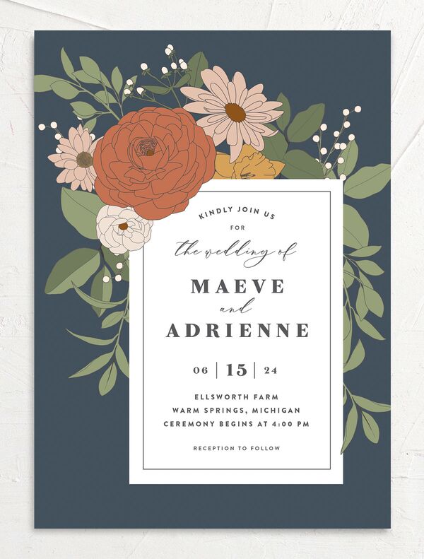 Nouveau Floral Wedding Invitations front in French Blue